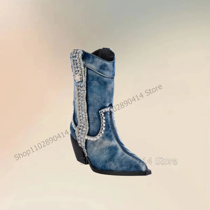 Bottes à talons hauts épais en denim bleu pour femmes, décor en biscuits, style rétro, chaussures à enfiler, Parker pointu, fête, 2024