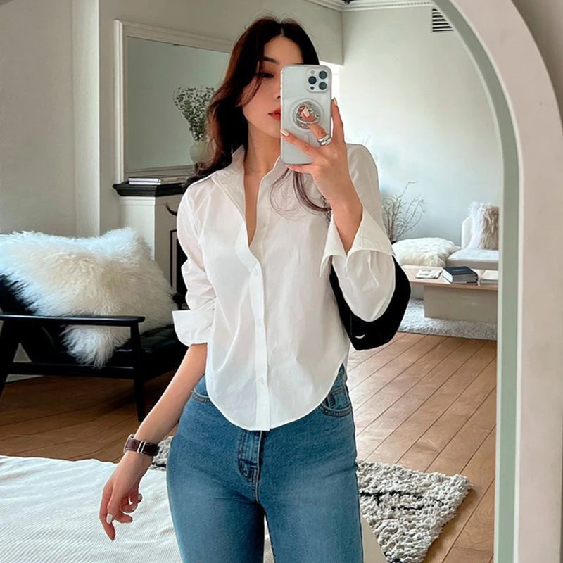 Biyaby Basic White Cropped Shirt Women Spring Summer Long Sleeve Office Blouse Ladies Solid Turn Down Collar Crop Top Woman
