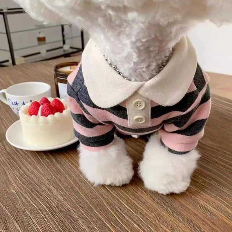 Gestreifte Hundekleidung POLO-Shirt Preppy Kragen Welpen-T-Shirt Weiche Bekleidung für Kleine Hunde Yorkie Bichon Pudel Pomeranian Katze – Detail 4