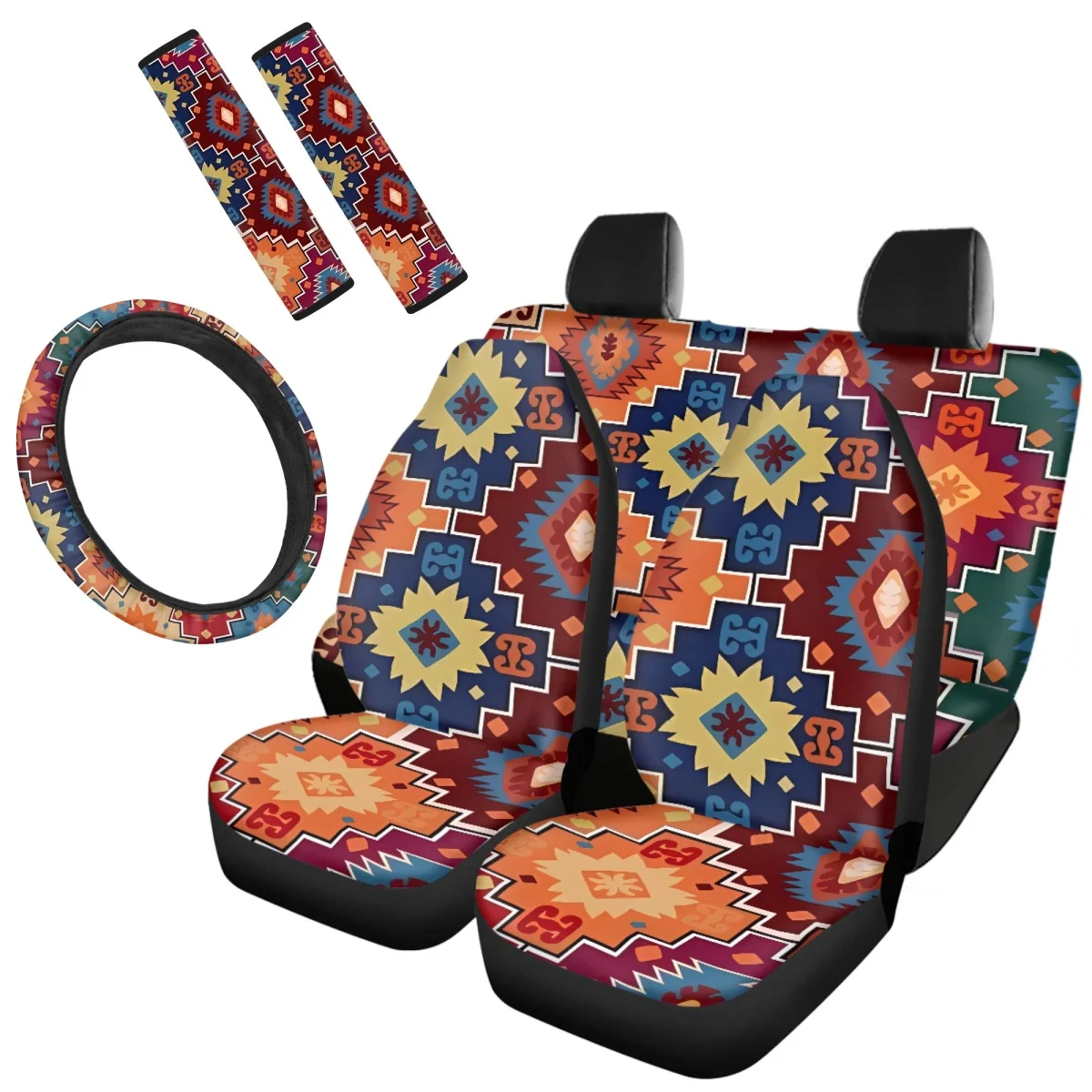 7 Pcs Front/Back Auto Seat Covers Tribal Pattern Car Steering Wheel Cover for Women Men Set Easy to Install Seat Belt Fit SUV