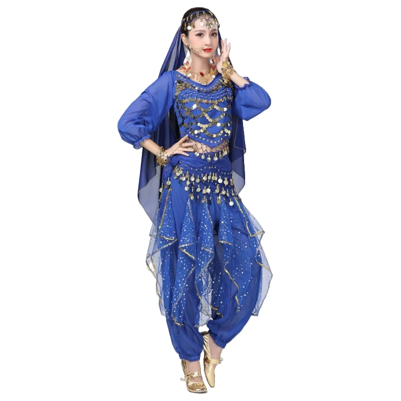 Lady Oriental Indian Dance Arabian Princess Clothes Outfit SetAdult Shiny Belly Dance Outfit Women Sequin Top+Pants Costume Set