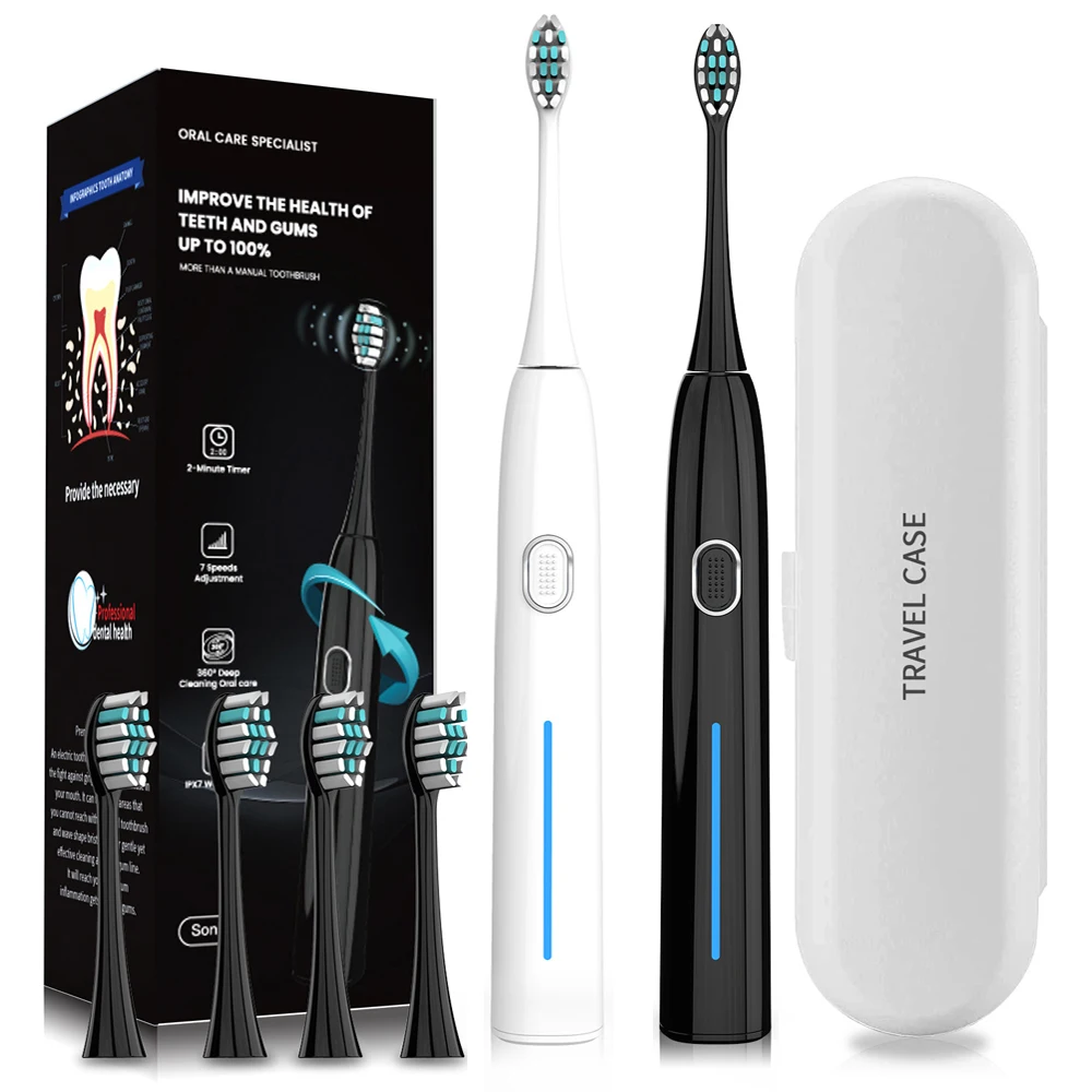 

Adults Sonic Electric Toothbrush Rechargeable USB Smart Timer Ultra Sonic Tooth Brushes IPX7 Waterproof 4 Brush Heads Travel Box