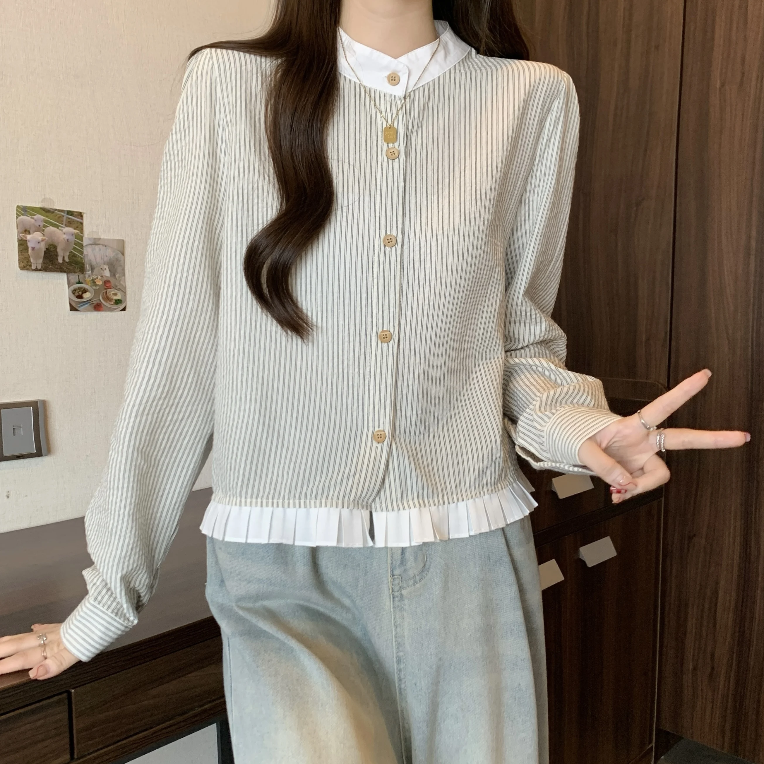 Slimming Stripe Long Sleeve Base Shirt Women's Spring Autumn New Large Size Fashionable Top Korean Style Loose Fit Button Detail