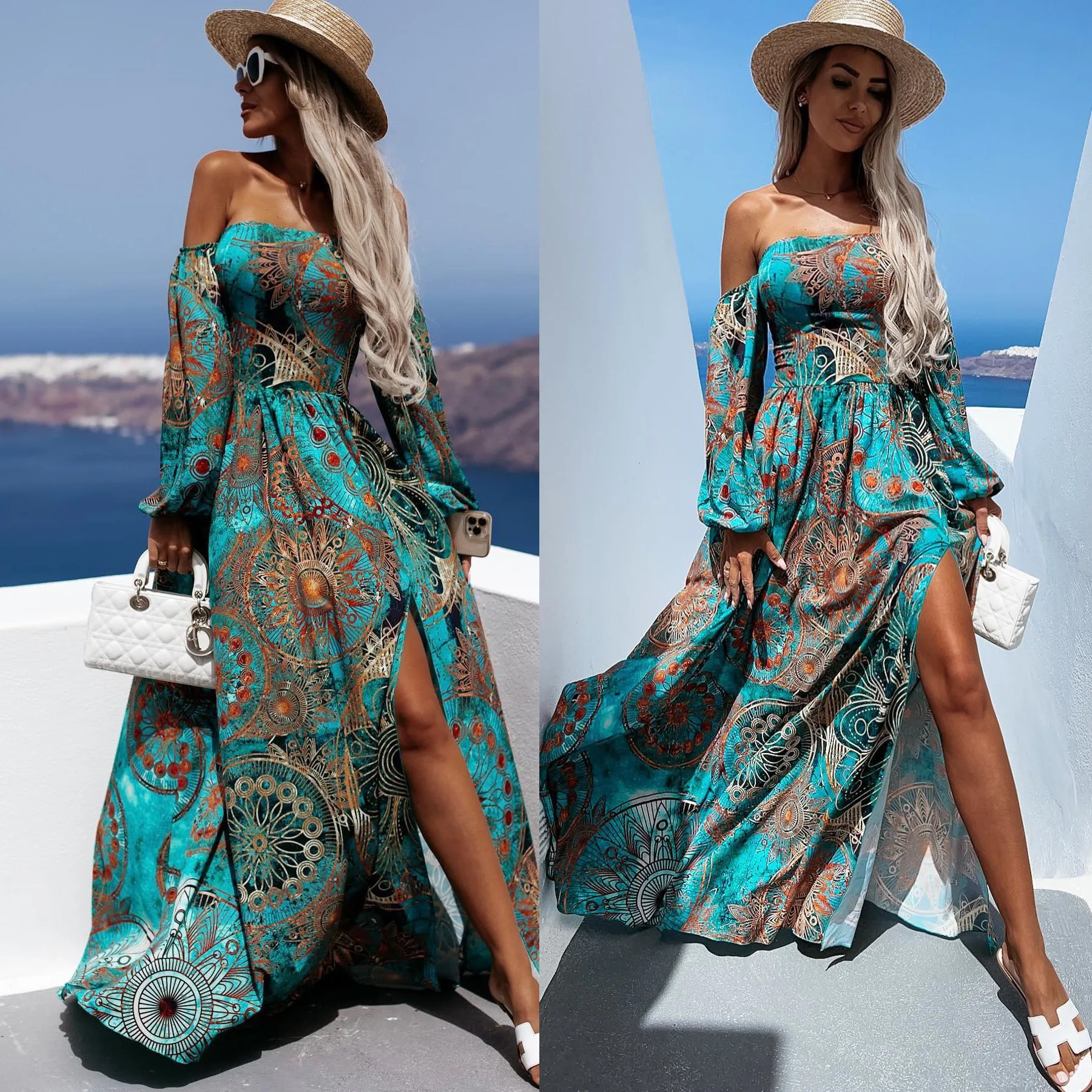 

European and American Sexy One Line Neck Split Dress, INS Loose Off Shoulder Dress, New, 20224