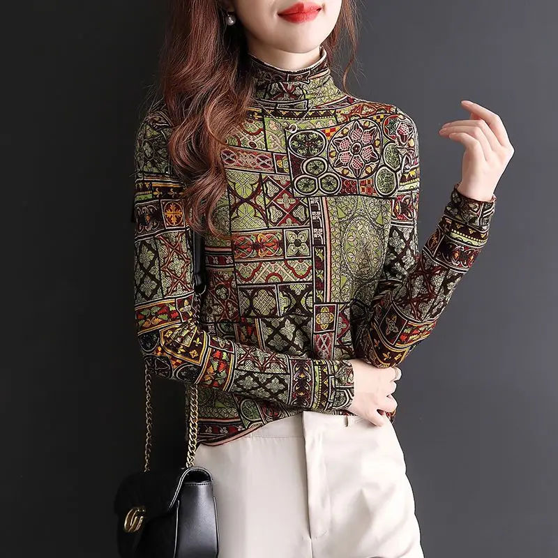 Female Clothing Folk Printed T-shirt Spring Autumn Patchwork Contrasting Colors Stylish Half High Collar Long Sleeve Pullovers