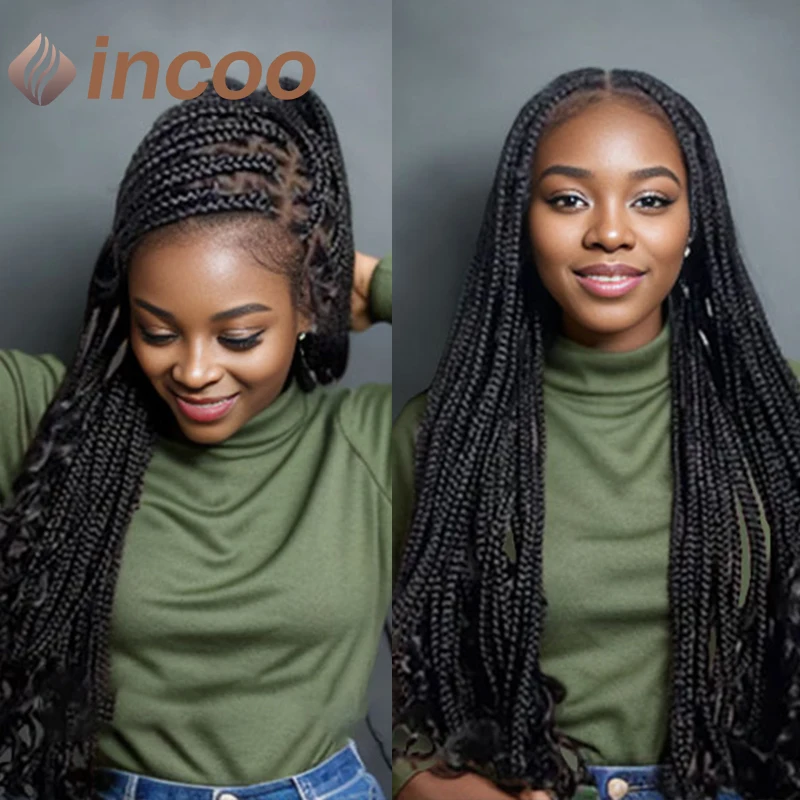 Curly End Box Braided Wigs Synthetic Knotless Full Lace Braided Wigs for Black Women Goddess Curly Box Braids Lace Front Wig