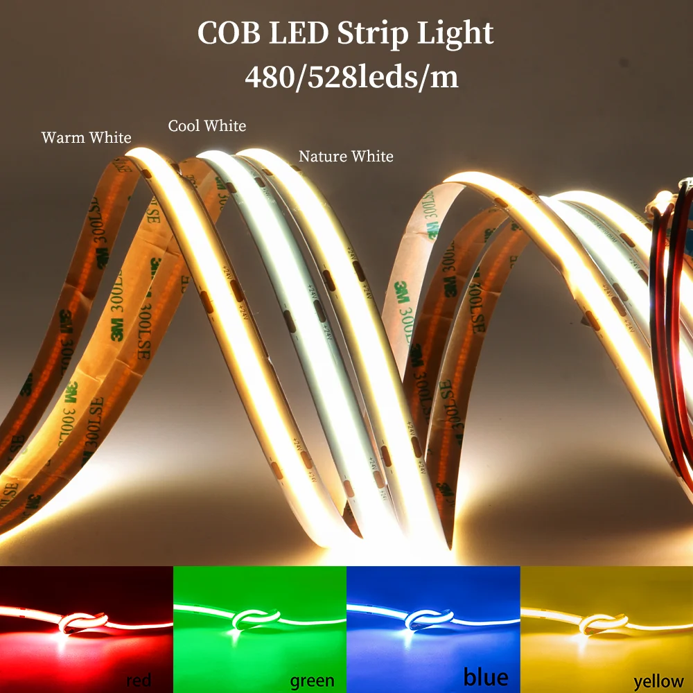 Dimmable 480/528leds/m COB Strip lights Red/Green/Blue/White /Natural White/Warm White RA90 Flexible linear lighting lamp Decor