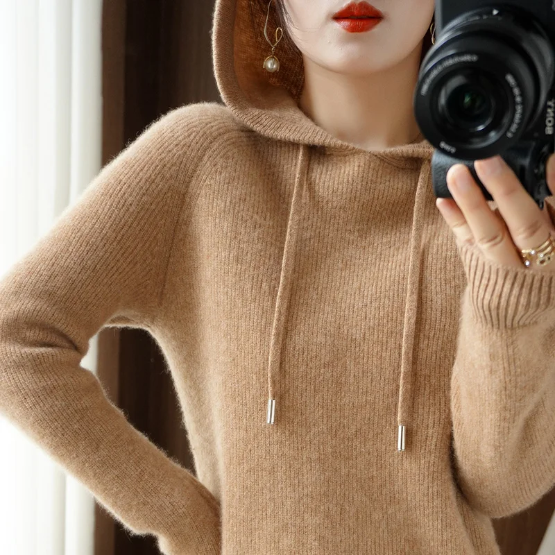 Classic Hoodie Women Knitwear Cashmere blend Pullover Fashion Wool Sweater Vertical stripe style Thick Warm Loose Basics Tops