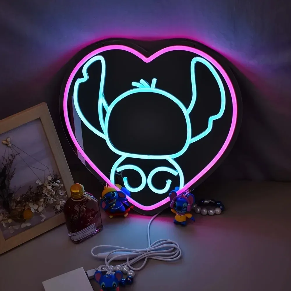 

LED Anime Stitch Mirror Neon Sign Disney Makeup Mirror Dimmable Neon Light Gift for Kid Room Bathroom Corridor Living Room Decor