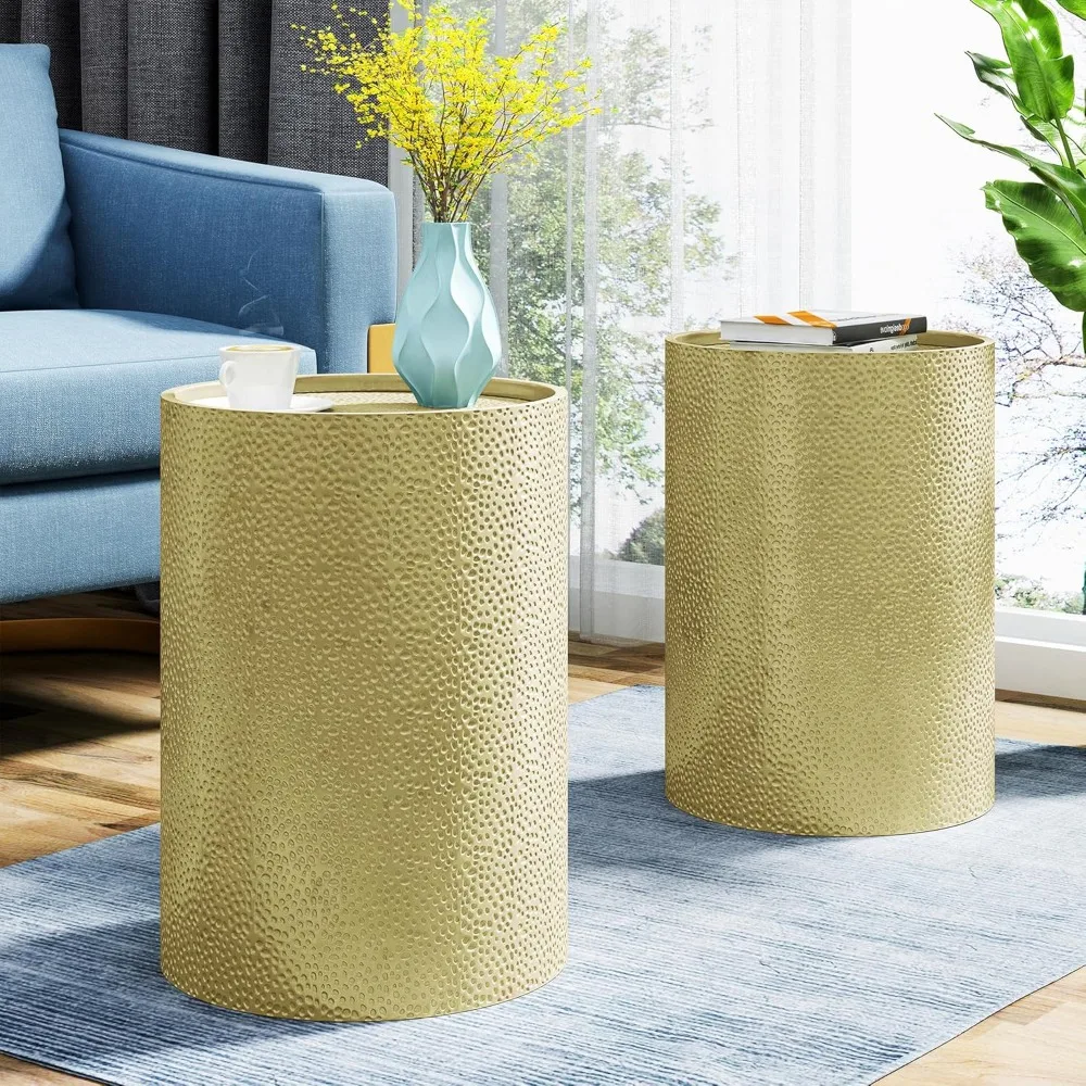 Zestaw 3 złotych stolików kawowych z efektem młotkowania, retro metalowe stoliki akcentujące do salonu, rozmiary 26 i 16, gotowe do użycia