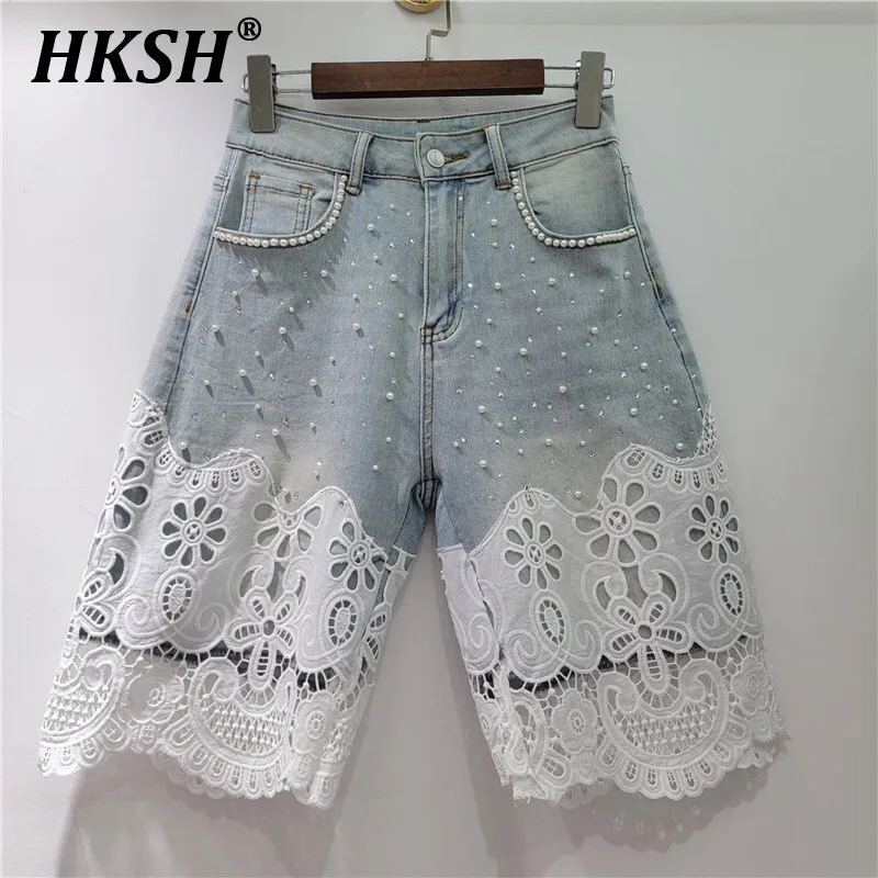 

HKSH Summer New Women Trendy Ins High Street Slim Fit Denim Patchwork Lace Casual Embroidered Flares Short Wide Leg Pants HK5891