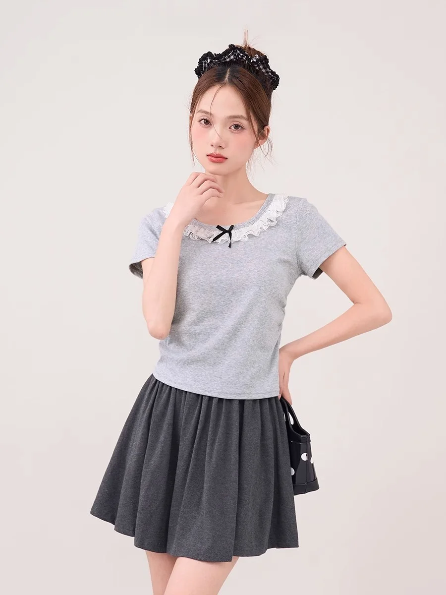 Sweet Lace Bow Tie Shirring T-shirt Female 2024summer Blouse Grey Short Sleeve Tops Women's Clothing Top Tees Y2k Camisetas 티셔츠