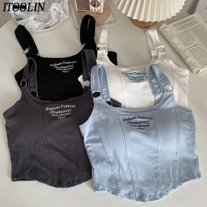 ITOOLIN Women Embroidery Letter Tank Tops With Bra Pad Casual Camis Y2K Crop Tops For Women Shoulder Belt Iron Ring Tank Tops