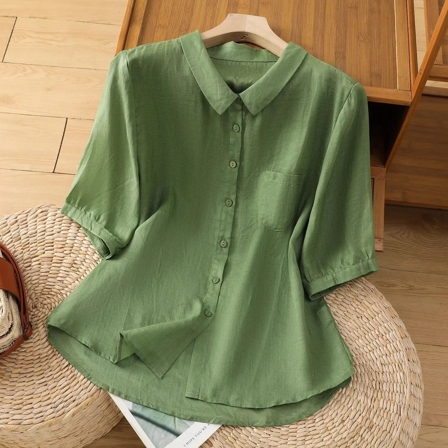 

Casual Cotton Linen irt Women Summer 2025 Loose Fit Versatile Color Agel Five Sve Collared Top Ele Faion