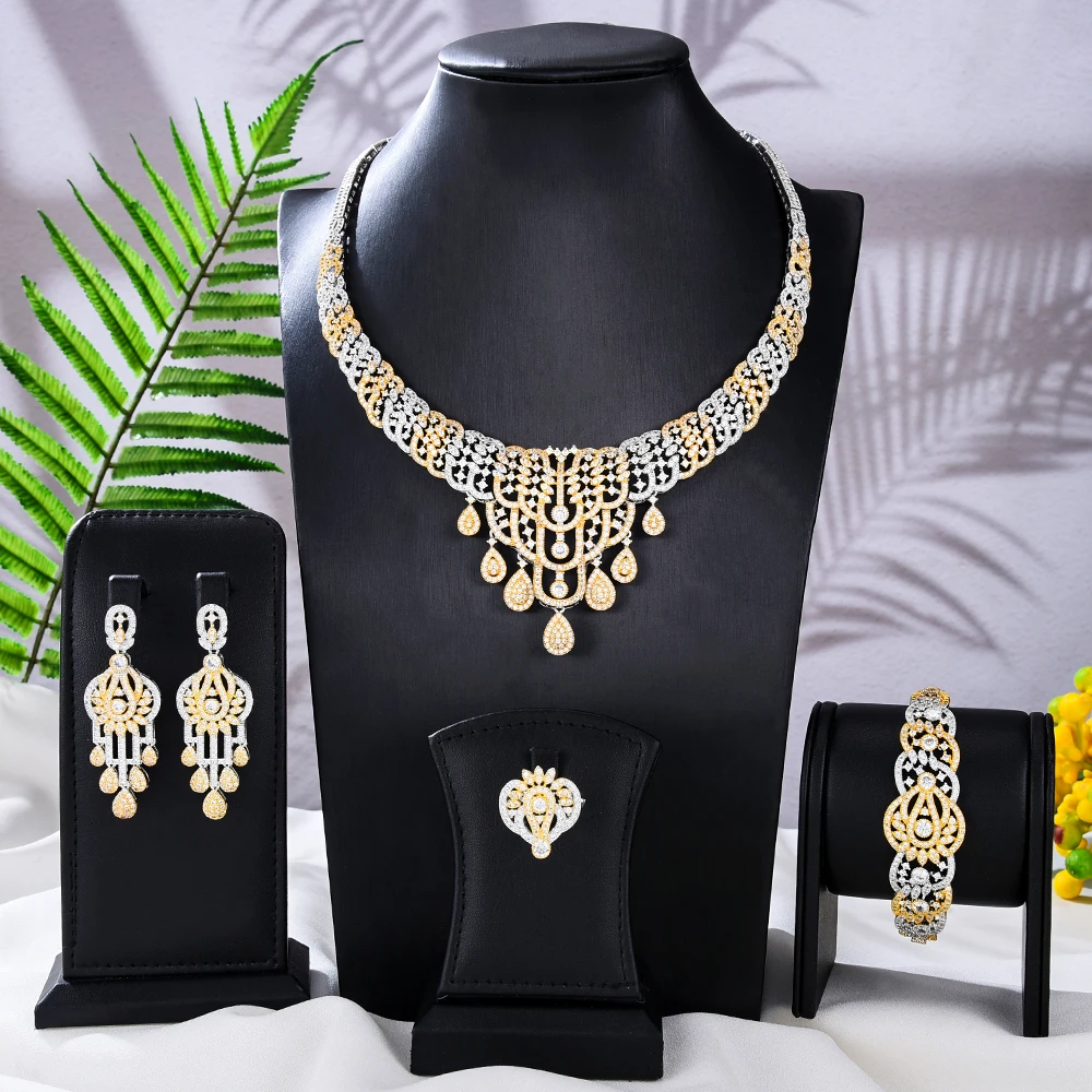 Soramoore Luxury Nigerian Necklace Bracelet Earrings Ring For Women Shiny Cubic Zircon Bridal Wedding Engagement Jewelry Sets