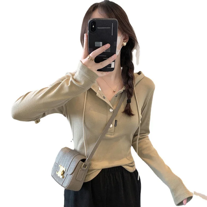 

Hooded Long Sleeve T-Shirt Women Spring Autumn New Style Slimming Short Top Base Layer Ins Trendy Sweatshirt