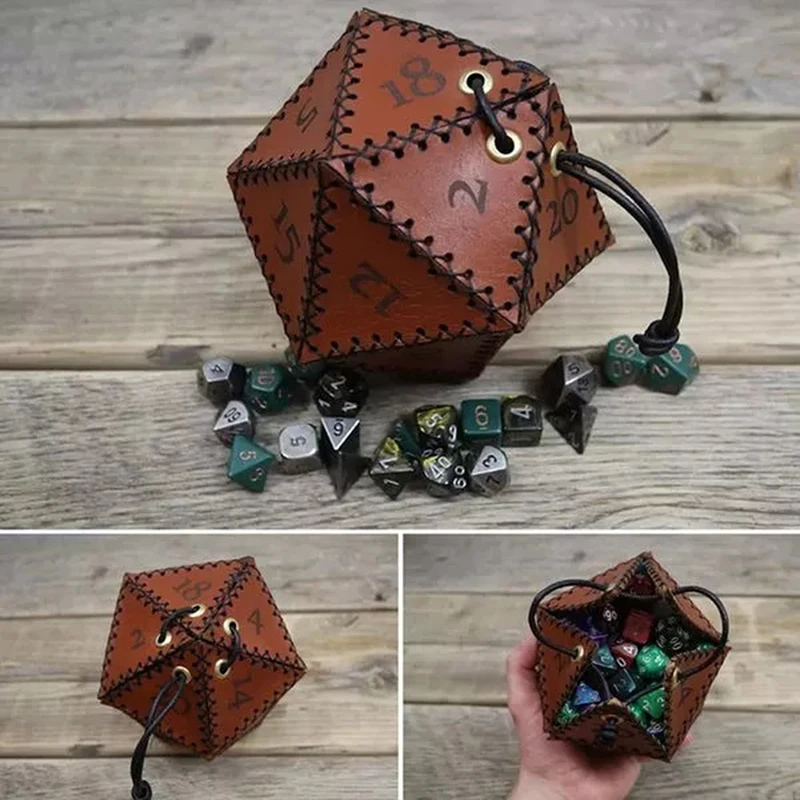 New Leather D20 Dice Bag Polygonal Storage Boxes Reinforced Drawstring Bags for Daily Working Wearing Gift Idea