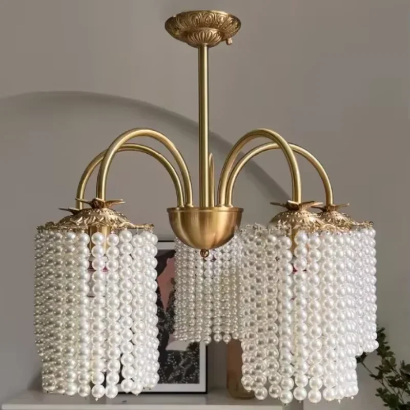 W2557 French Style Cloakroom Chandelier - Engraved Brass Pearl Design for Bedroom Bedside