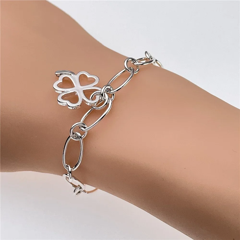 Fashion Kpop 925 Sterling Silver Pretty Four-Leaf Clover Bracelets For Women Street Versatile Jewelry Wedding Party Gifts view 3
