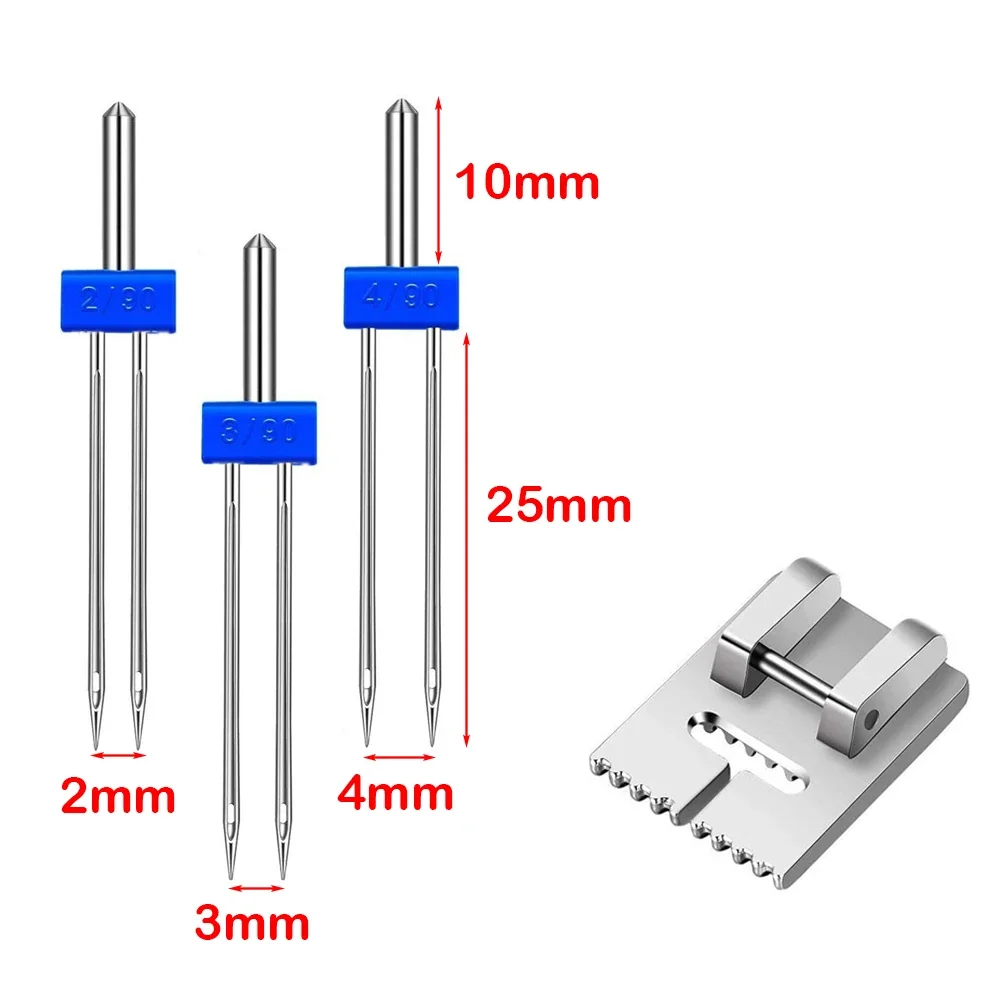 2/3/4mm Twin Needles + Wrinkled 9 Grooves Presser Foot for Brother Singer Sewing Machine - Accessories