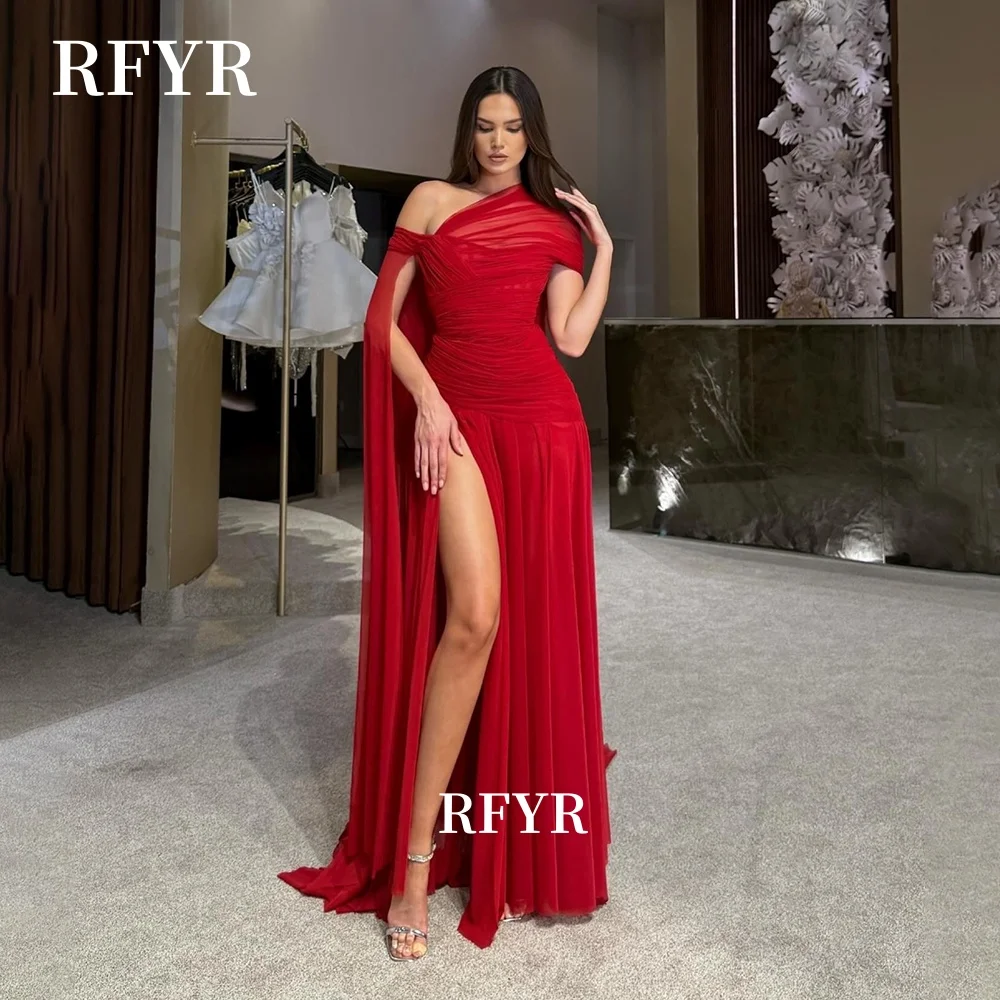 

RFYR One Shoulder Party Dress Chiffon Red Evening Dress with Pleats A Line Celebrity Gala Dress for Women Vestidos Customized