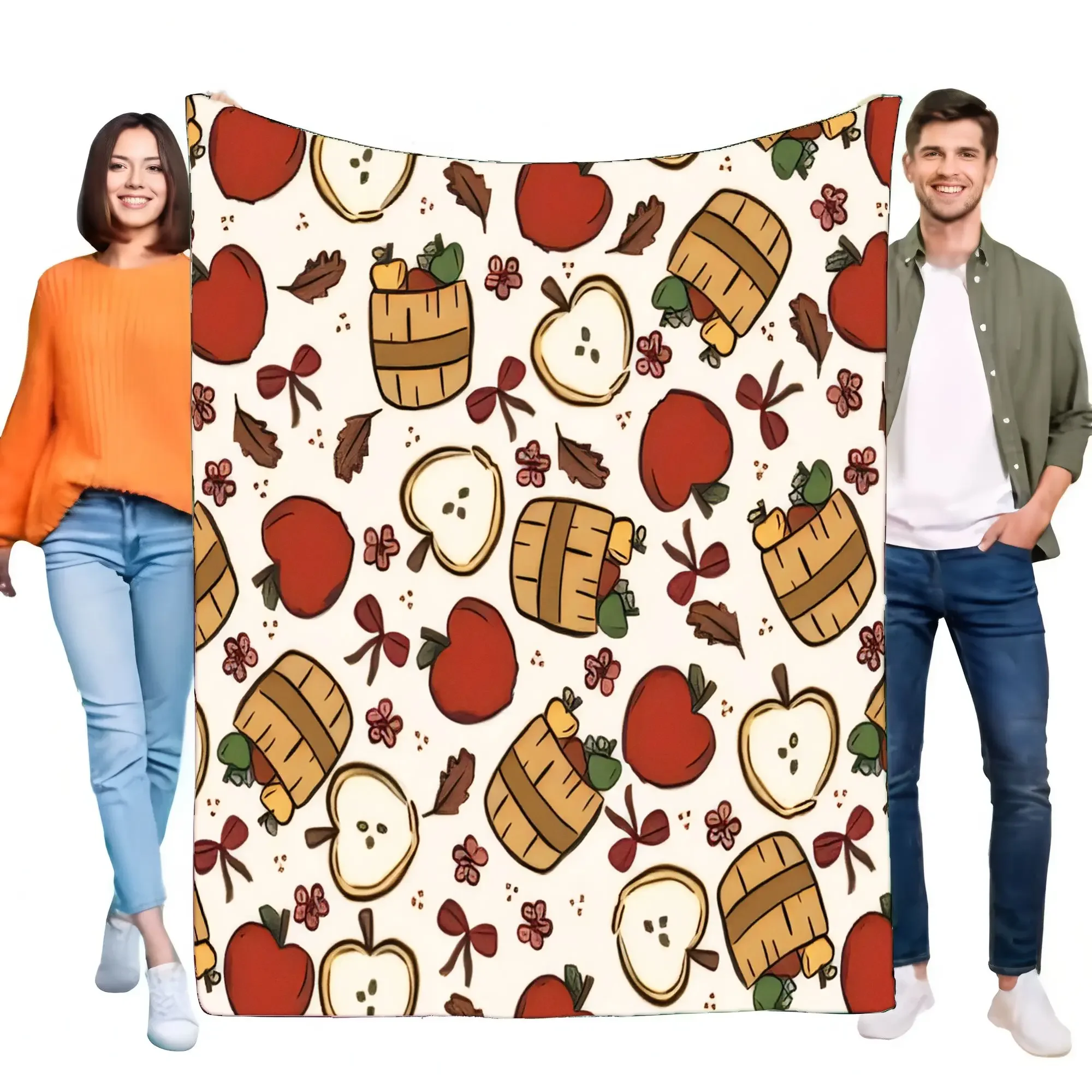 Cozy Autumn Apple & Barrel Pattern Flannel Blanket Soft Lightweight Plush Throw for Sofa Bed Couch Living Room Fall Home Decor D