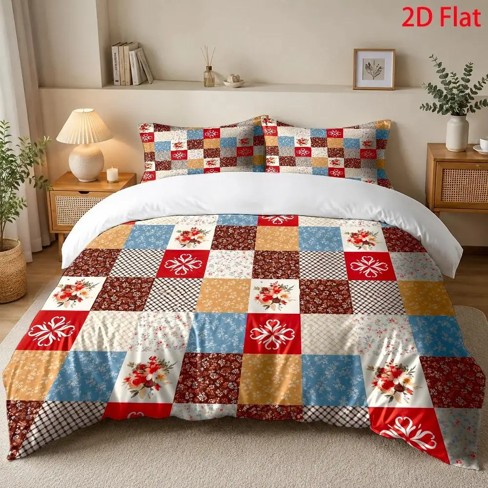 3Pcs Vintage Patchwork Floral Theme Hand-Painted Watercolor Style Duvet Cover Set with 1Pc Duvet Cover and 2Pcs Pillowcases Bedding Accessories Quilt Cover