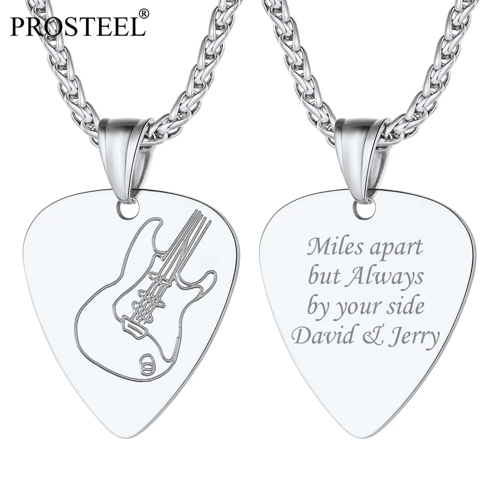 

PROSTEEL Guitar Pick Pendant Free Engrave Custom Mens Boys Musician Necklace Silver/Gold/Black Tone Stainless Steel Chain