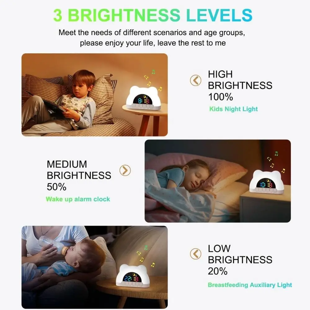 Digital Display Kids Alarm Clock 11 Color Night Light Child Lock Digital Alarm Clock 10 Ringtones Sleep Training Clock Nursery
