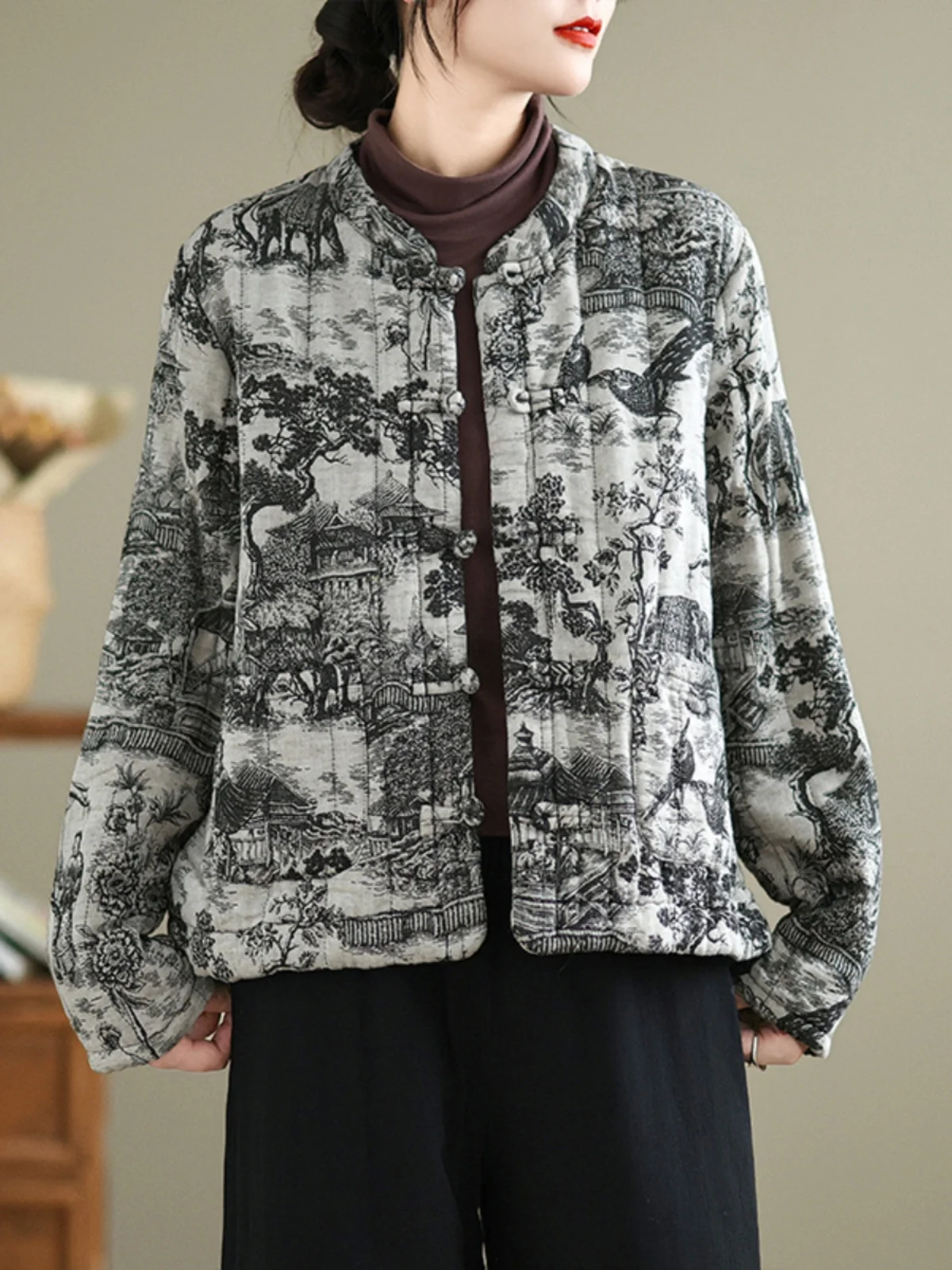 

Женское хлопковое пальто Thiened в стиле ретро, осенне-зимнее пальто с воротником-стойкой и вышитым принтом, теплое китайское хлопковое пальто на пуговицах