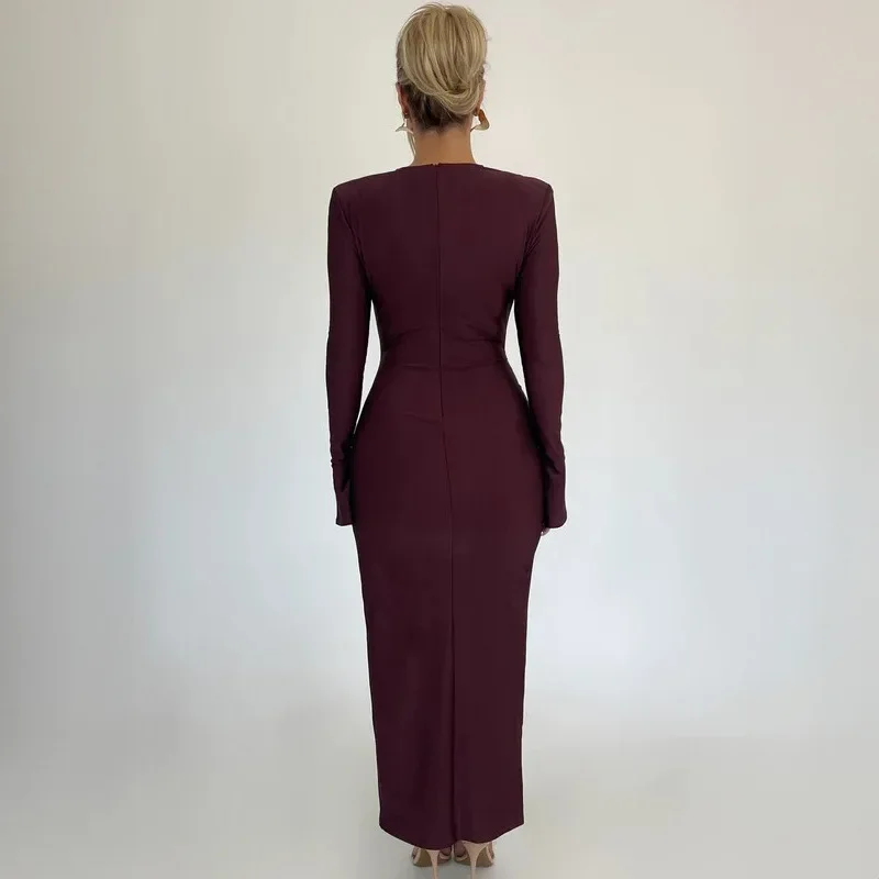 Sexy Long Sleeve Party Club Birthday Bodycon Ruched Maxi Dress Outfits Women Autumn Winter O Neck Y2K Evening Dresses Vestido