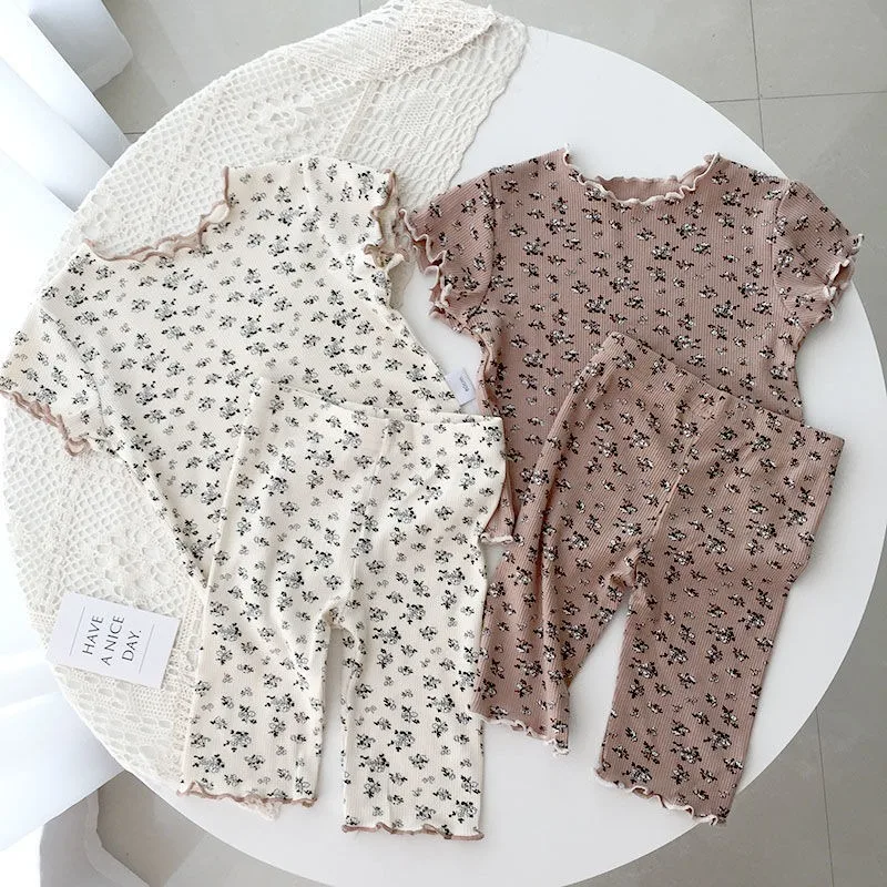 Kids Pajamas Set Baby Girls Floral Printed Sleepwear Girls Ice Silk Short Sleeve Blouse Pant Set Children Pyjamas Nightshirt