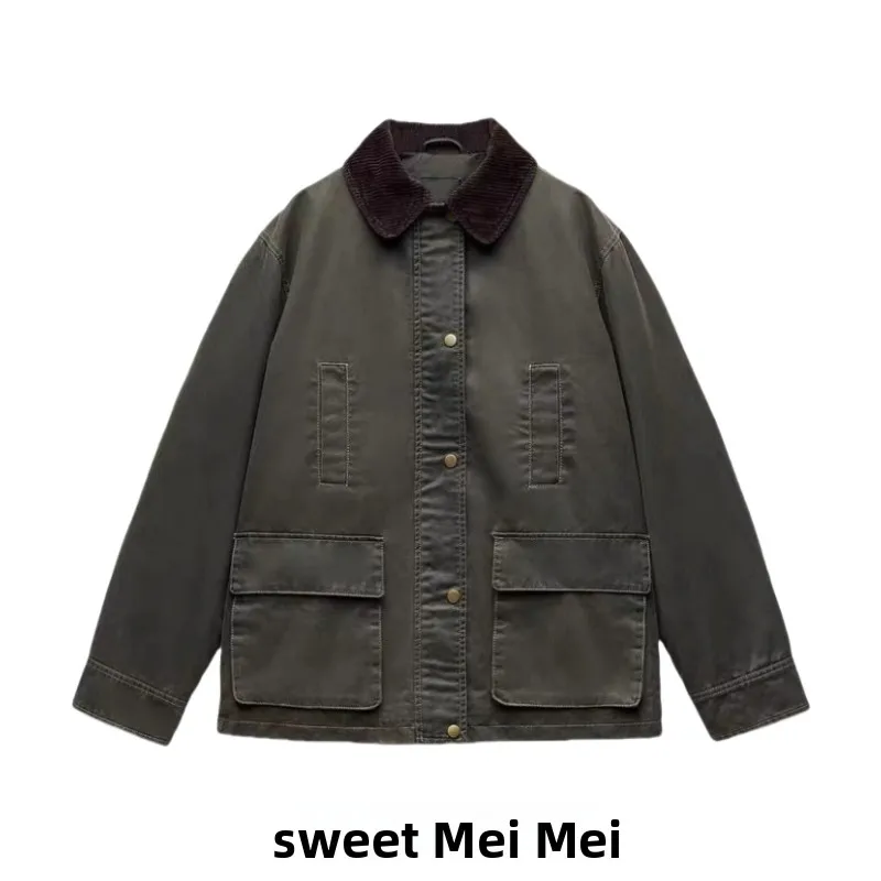 

Loose Fit Wax Leather Corduroy Collar Jaet Women's ort Outerwear Coat Casual Sle Winter New Arrival 434765