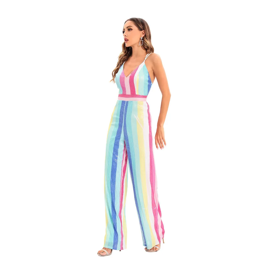 

Women's Cross-Border Clothing Bright Sequin Stripe One-Piece Casual Dress Deep V-neck Overall Fashion Straight Leg Pants