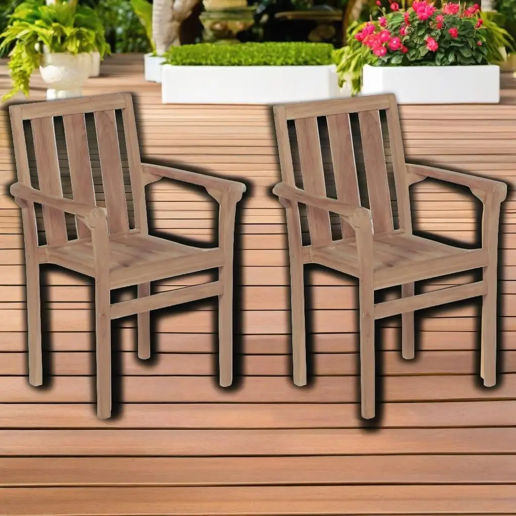 

Set of 2 Solid Teak Wood Patio Chairs with Gray Cushions - Outdoor Furniture