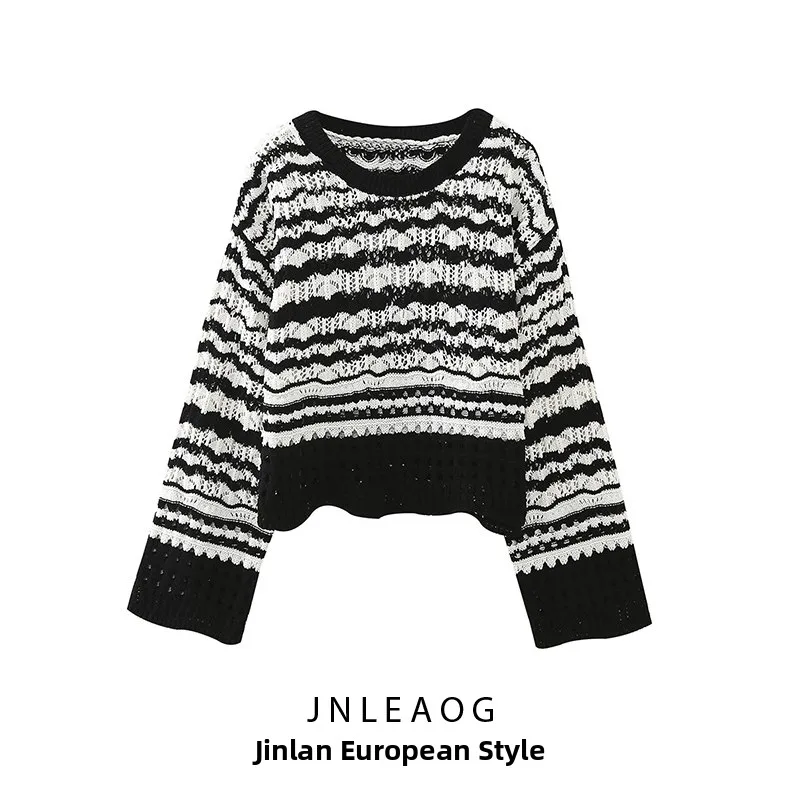 

JNLEAOG Autumn New Women's Design Knitted Sweater Color Blo Detail Street Sle Long Sve ort Length round Ne Pullover