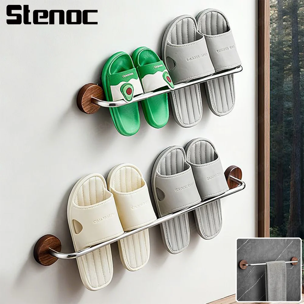 No Punching 304 Stainless Steel Walnut Wood Bathroom Slipper Bar And Towel Rack Wall Mounted Multi-Functional Storage Rack