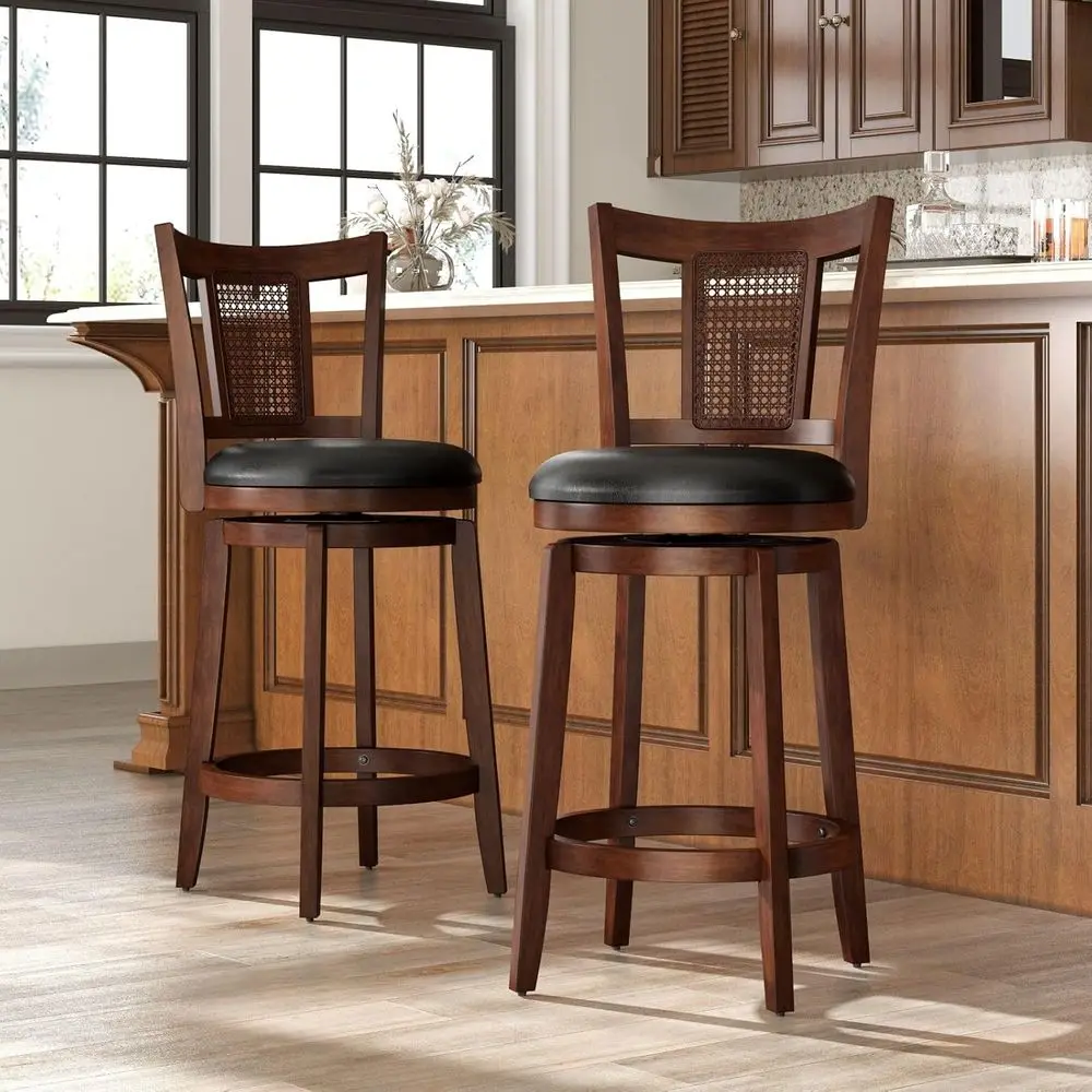 

Set of 2, 26 High-Back Leatherette Counter Stools with Solid Wood Legs, Brown Kitchen Barstools