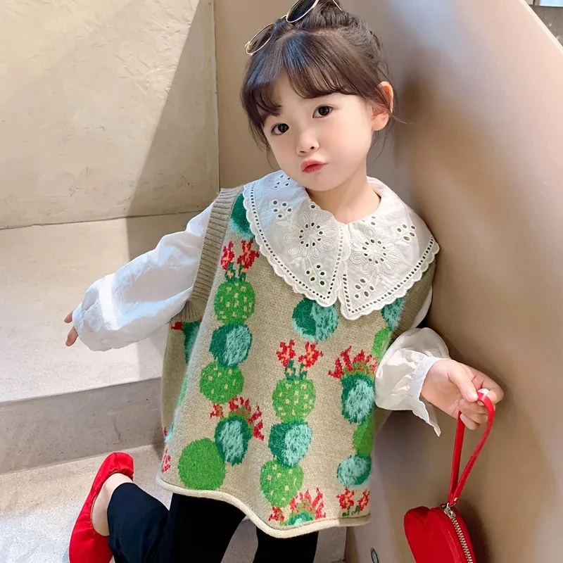 Baby Toddler Girls Flowear O Neck Sweater Vest Sleeveless Pullover Knitted Waistcoat Kids Loose Cute Knit Outerwear Coat 2-10 Y