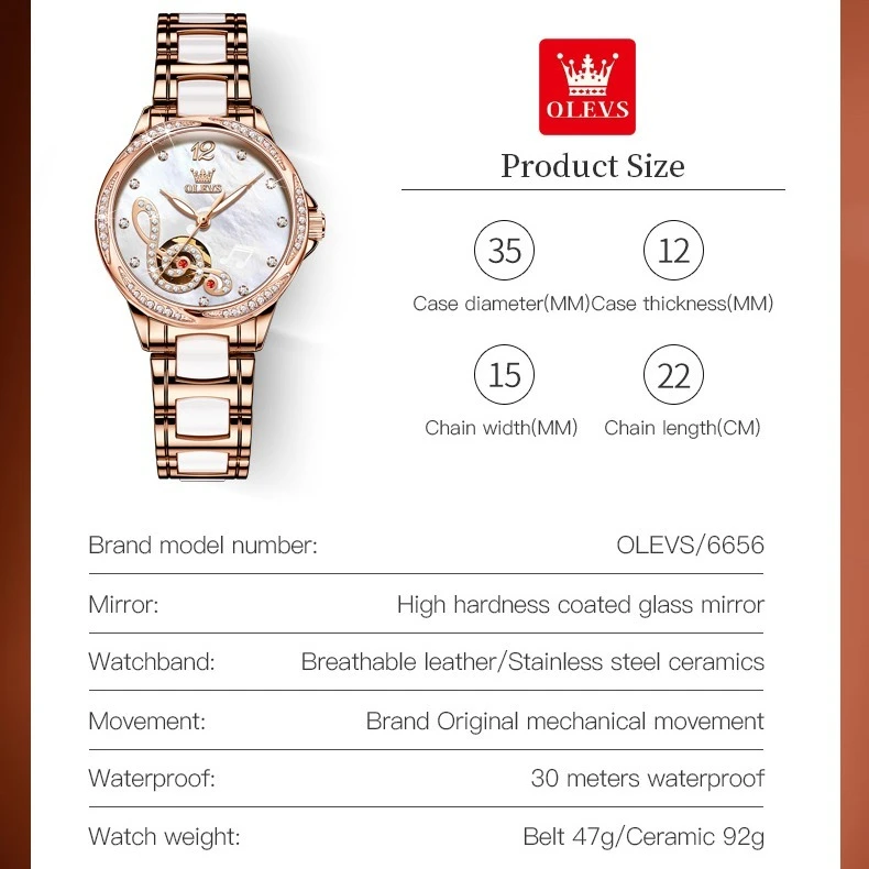 OLEVS 6656 패션 기계식 시계 선물, 라운드 다이얼 정품 가죽 시계 밴드, 야광 손목시계