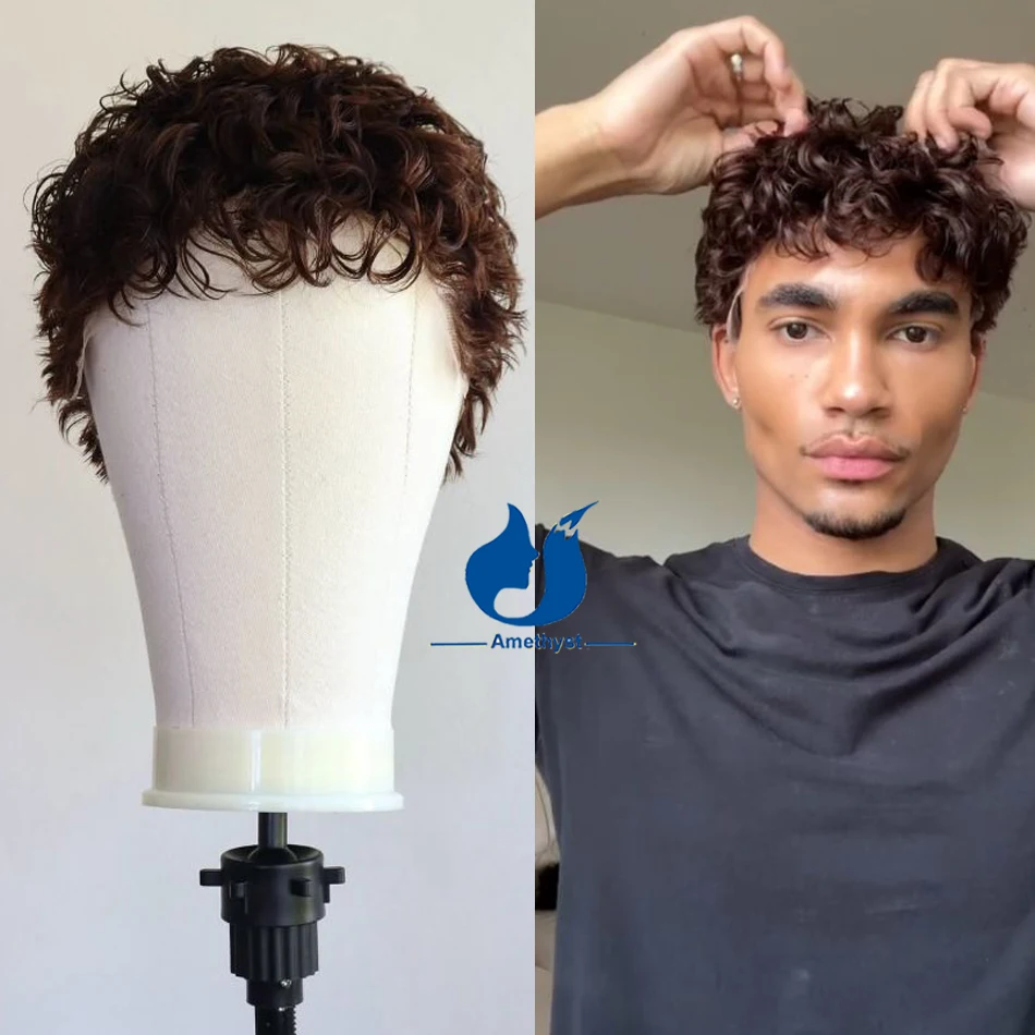 Amethyst Dark Brown And Natural Black Curly Brazilian Short Cut Full Lace Wig for Men Remy Human Hair Fashion Style
