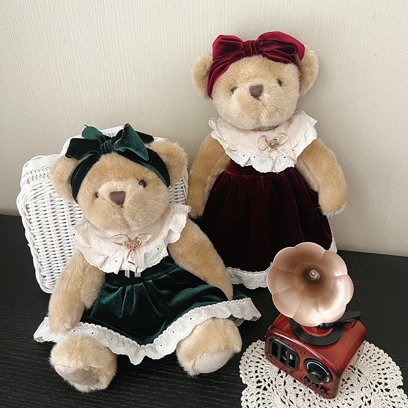 

Teddy Bear Plush Toys with Retro Velvet Dress Stuffed Animals Doll with Movable Joints Birthday Christmas Gifts Cute Room Decor
