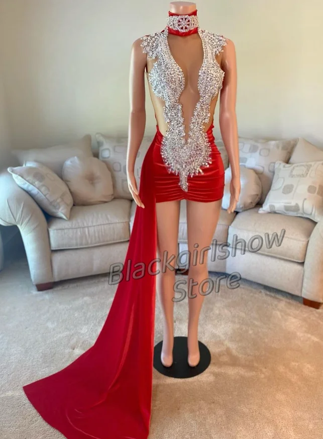 Red Africa Prom Dress Sexy Elegant Sleeveless Cutout Crystal Applique High Neck Deep v   With Side Train Party Customised