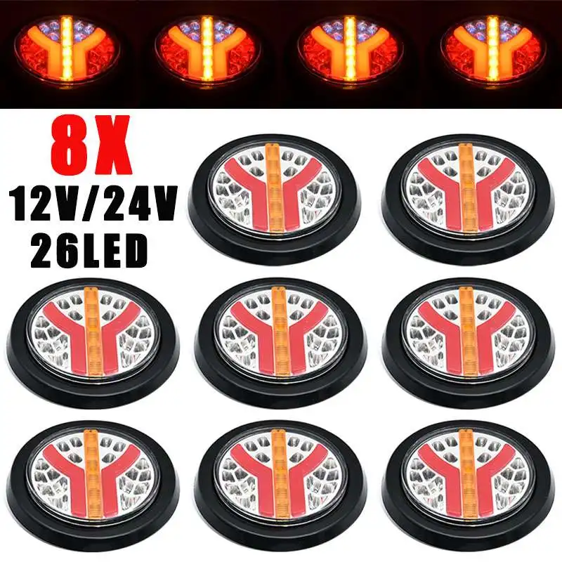 

8X Round LED Tail Side Lights with Sequential Turn signal lamp Brake Parking Light For Truck Trailer Van Lorry Bus Pickup 12/24V