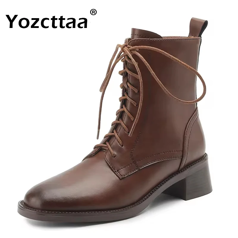 

Yozcttaa Size Size 33-43 Women Ankle Boots Genuine Leather Lace-Up Thick Heels Shoes Fall Winter Office Lady Dress Short Booties