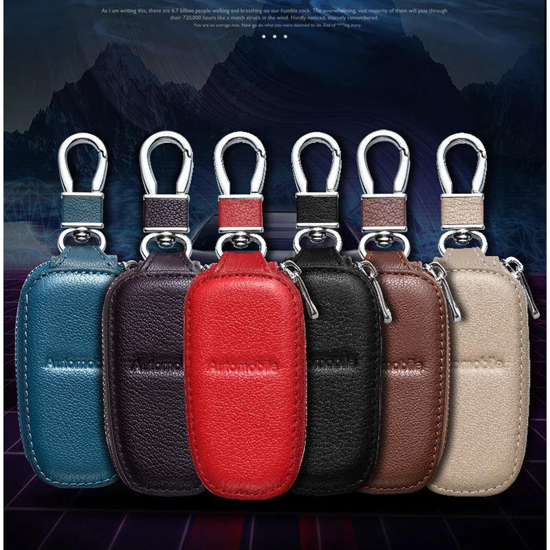 Leather Car Key Case Cover Zipper Bag Protector With Car Logo For BYD Hummer DS Genesis GAC Lynk Co Ferrari RAM Smart LI ZEEKR