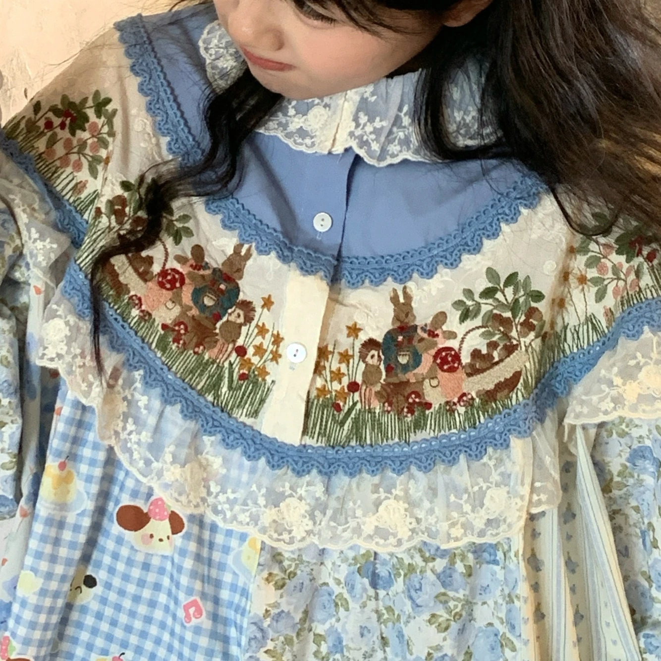 Vintage Cotton Patchwork Ruffled Lace Embroidery Baby-doll Blouse for Women Retro Chic Cottage Core Goblincore Lolita Sweet Tops