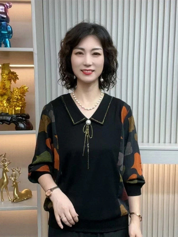 

Casual Style Loose Long Sleeve Turn-down Collar Small Shirt for Middle-aged And Elderly Women Fashionable Mom Slimming Thin