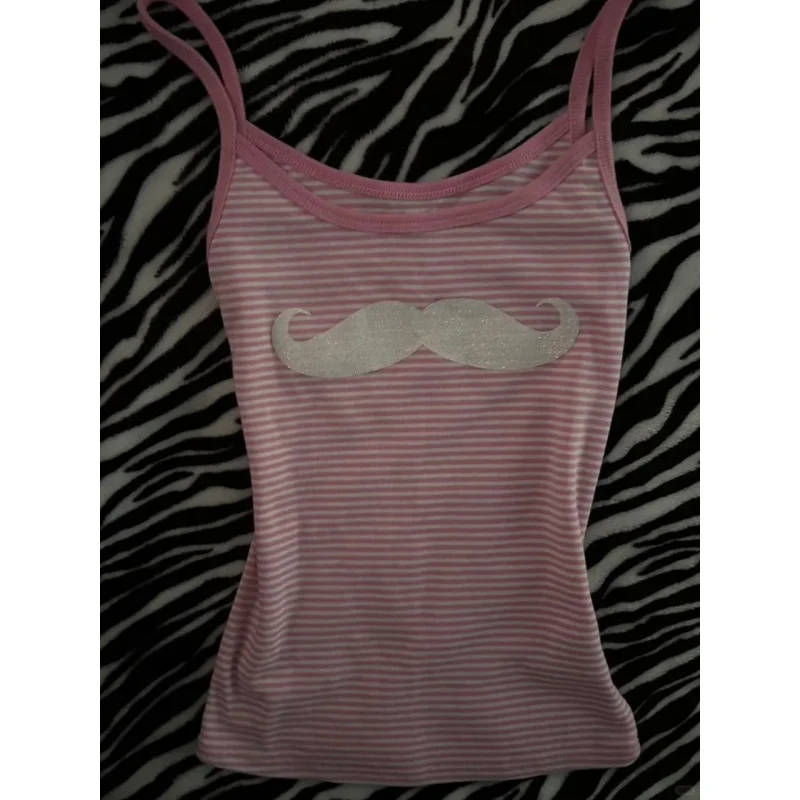American Retro Millennial Pink Striped Mustache Print Fitted Halter Top Women's Summer Y2K Sweet Cool  Sleeveless Tank Top