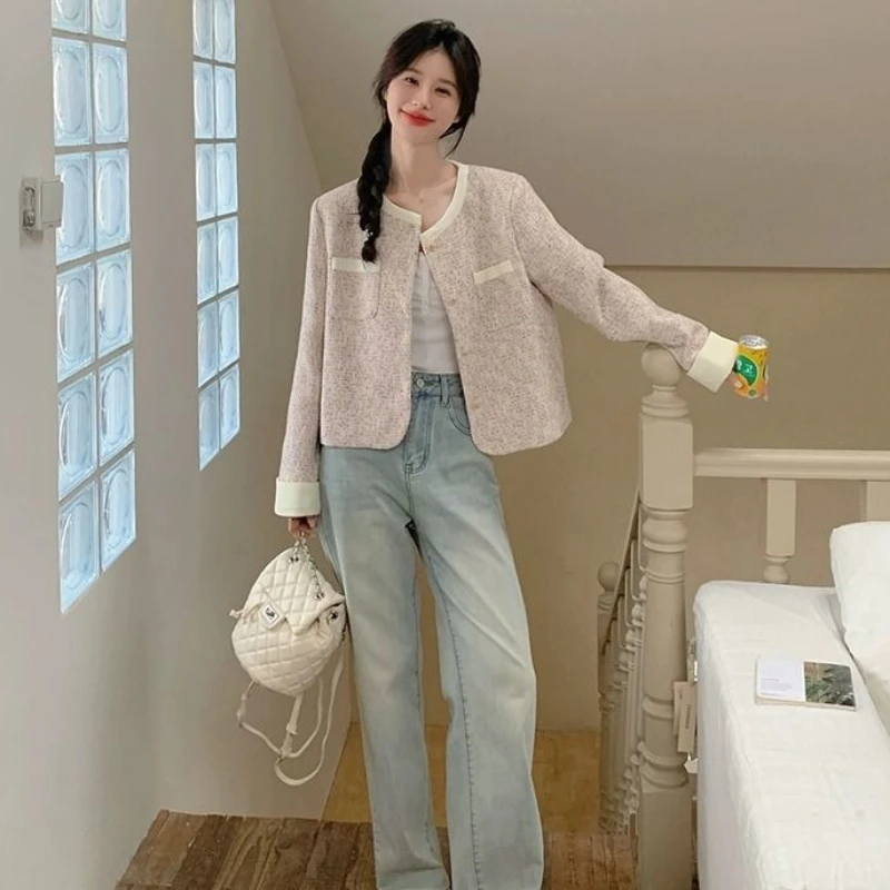 Design Vintage Tweed Jacket Women Short Jacket Spring Autumn Coat Sweet Trend Long-sleeved Top Single-breasted Office Lady Coat